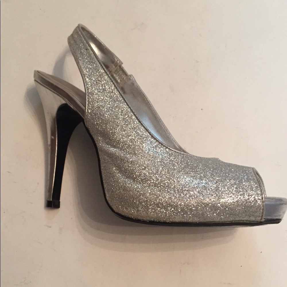 LULU TOWNSEND HEEL SLINGBACK PEEP TOE SILVER GLITTER SIZE 7.5 38 SHOES - Picture 2 of 9